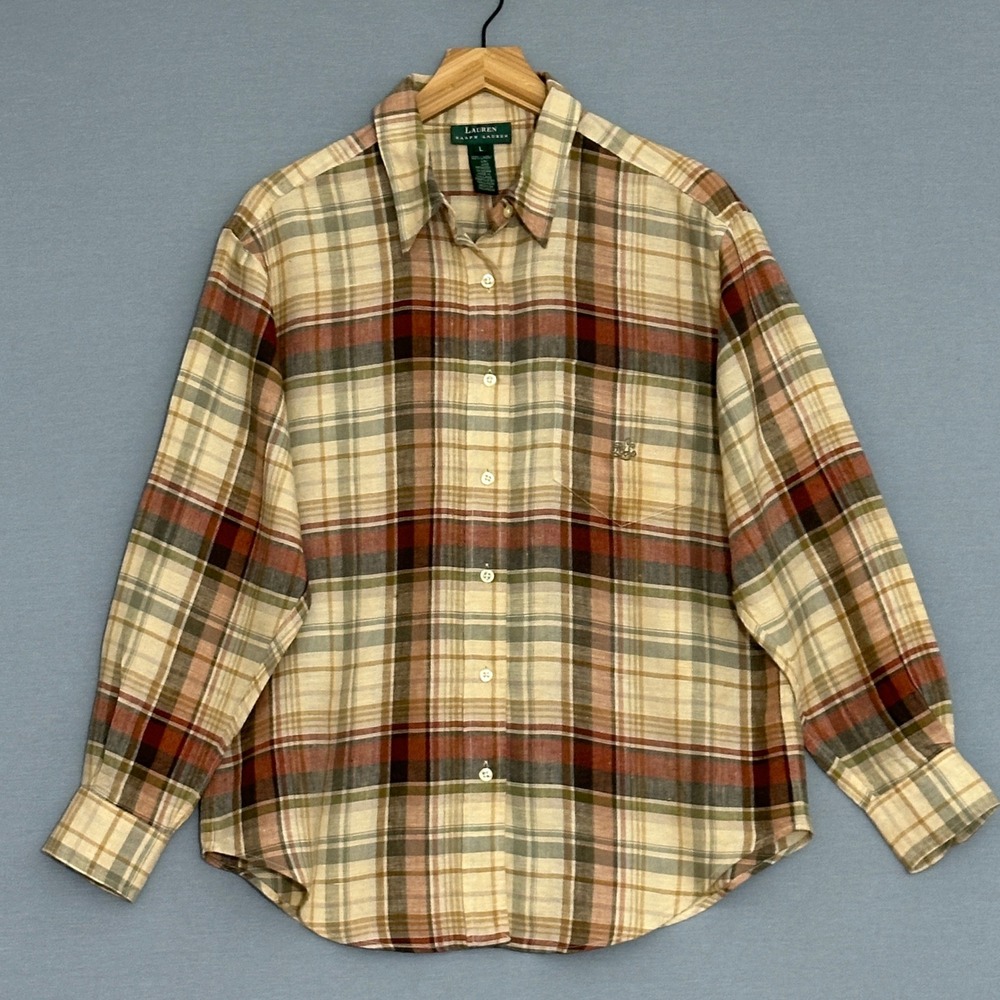 LRL Womens Top L Beige Brown Plaid Linen Button Up Logo Classic Preppy Old Money